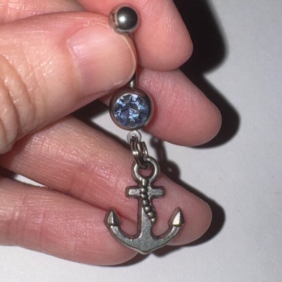 Small Anchor with Light Blue Gem Dangle Belly Ring - Picture 1 of 13